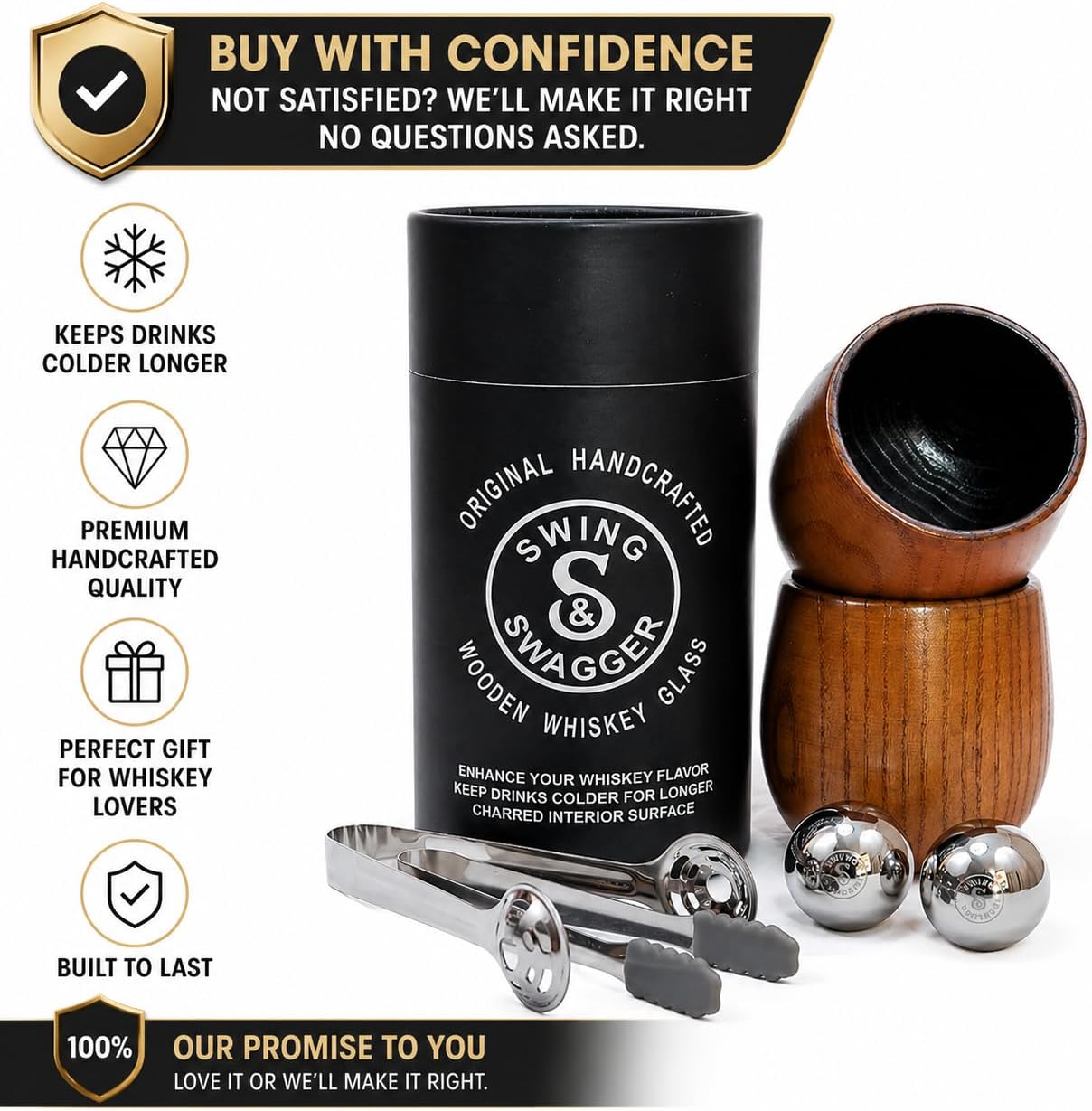 Charred Wooden Whiskey Glass Gift Set for Men (2 Pack) – Bourbon Glasses with Stainless Steel Chilling Balls, 2 Tongs & Storage Pouch – Unique Gifts for Men, Husband, Boyfriend, Whiskey Lovers