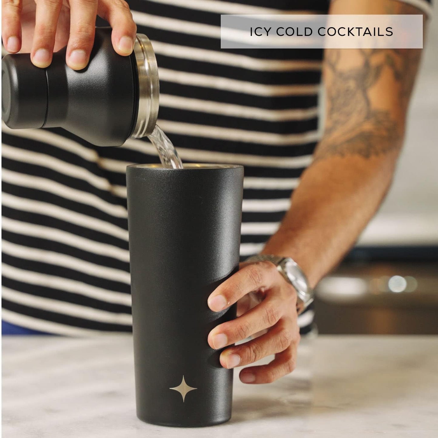 JoyJolt Triple Insulated Cocktail/Protein Shaker Bottle. 20oz Shaker Cup with Alcohol Measure Lid and Jigger Cap. 12hr Ice Cold Bottle for Protein Mixes, Shake or Smoothie, Metal Mixer