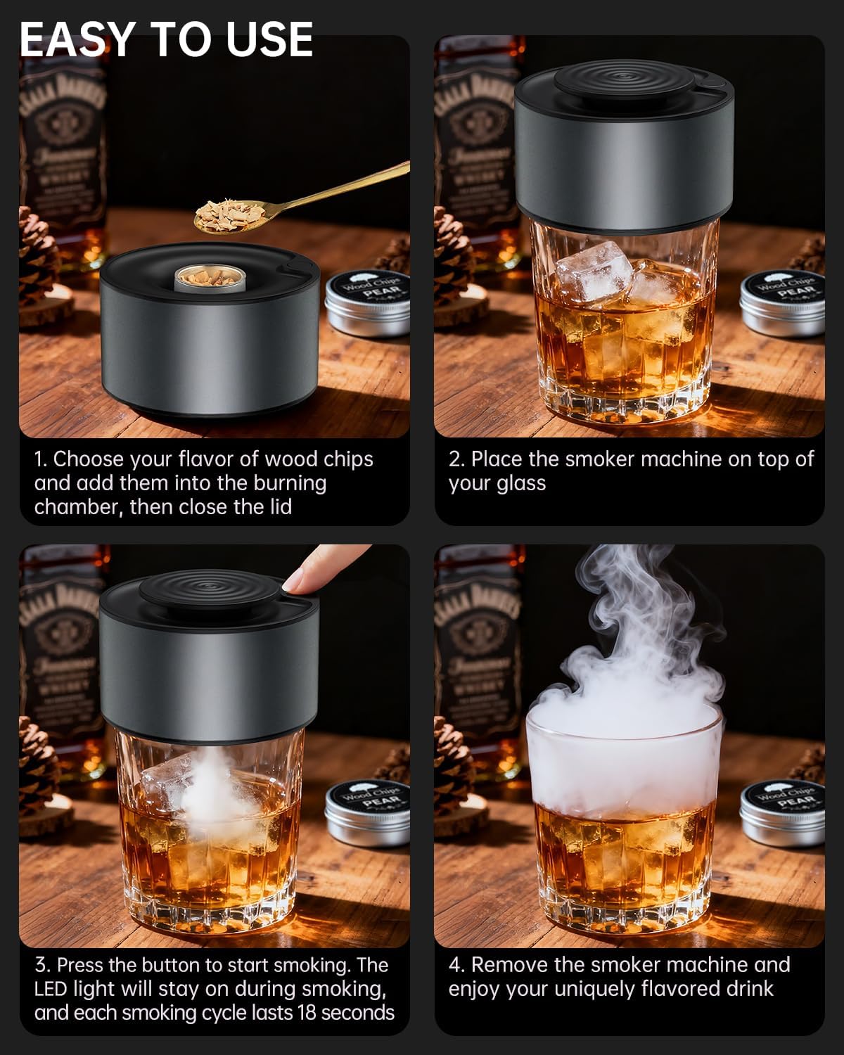 Electric Whiskey Smoker Kit, Rechargeable Bourbon Smoker Kit with 6 Flavors of Natural Wood Chips, Drink Smoker Infuser Kit Cocktail Idea Christmas Birthday Gifts for Men Husband Dad Him