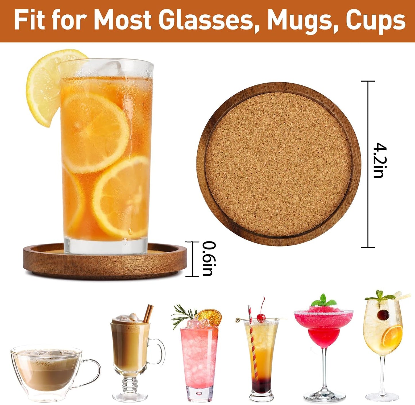 Wooden Drink Coasters Set of 4, Stackable Cup Coaster for Table, 4.2 inch Absorbent Cork Coasters Set for Tabletop Protection, Rustic Glass Coaster for Coffee, Home Decor.