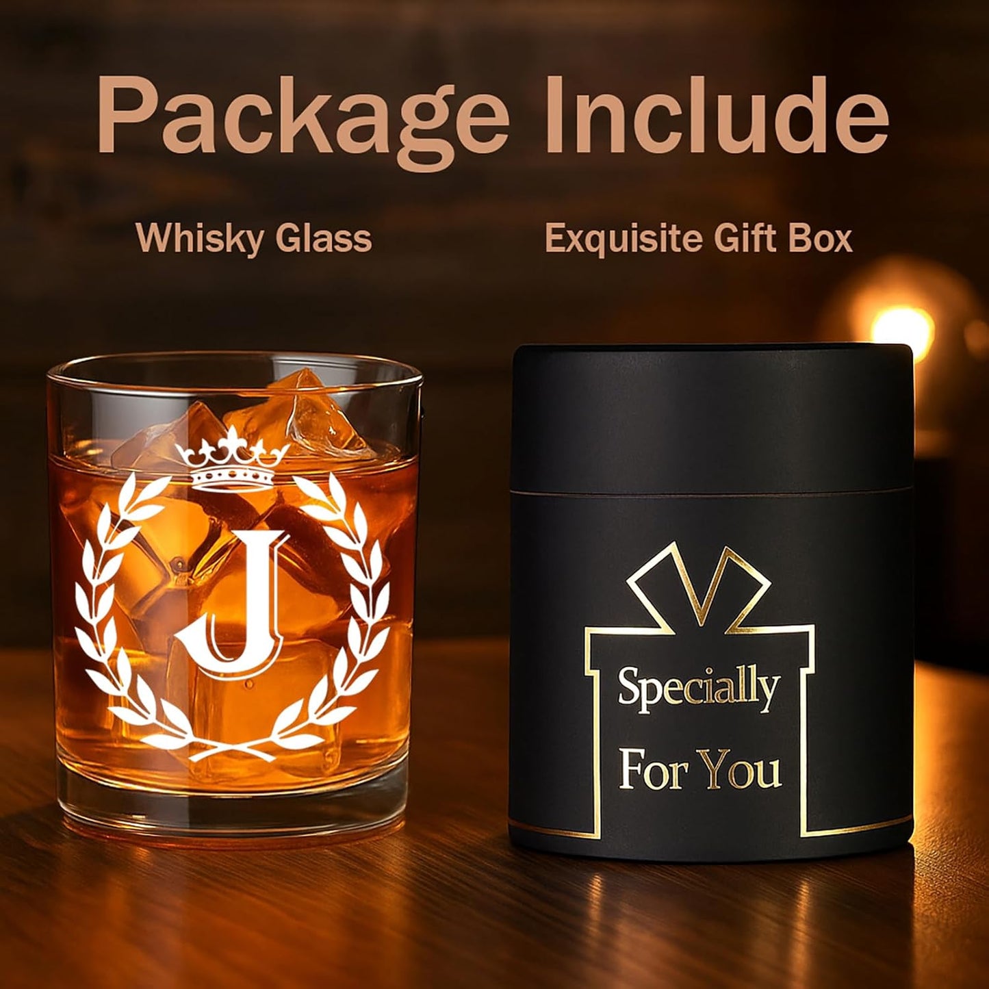 Personalized Whiskey Glasses Gifts for Men, Letter J Initial Whiskey Glass, Christmas Birthday Gifts for Men Husband Brother Dad, 10 OZ Old Fashioned Glass with Gift Box(Letter J)