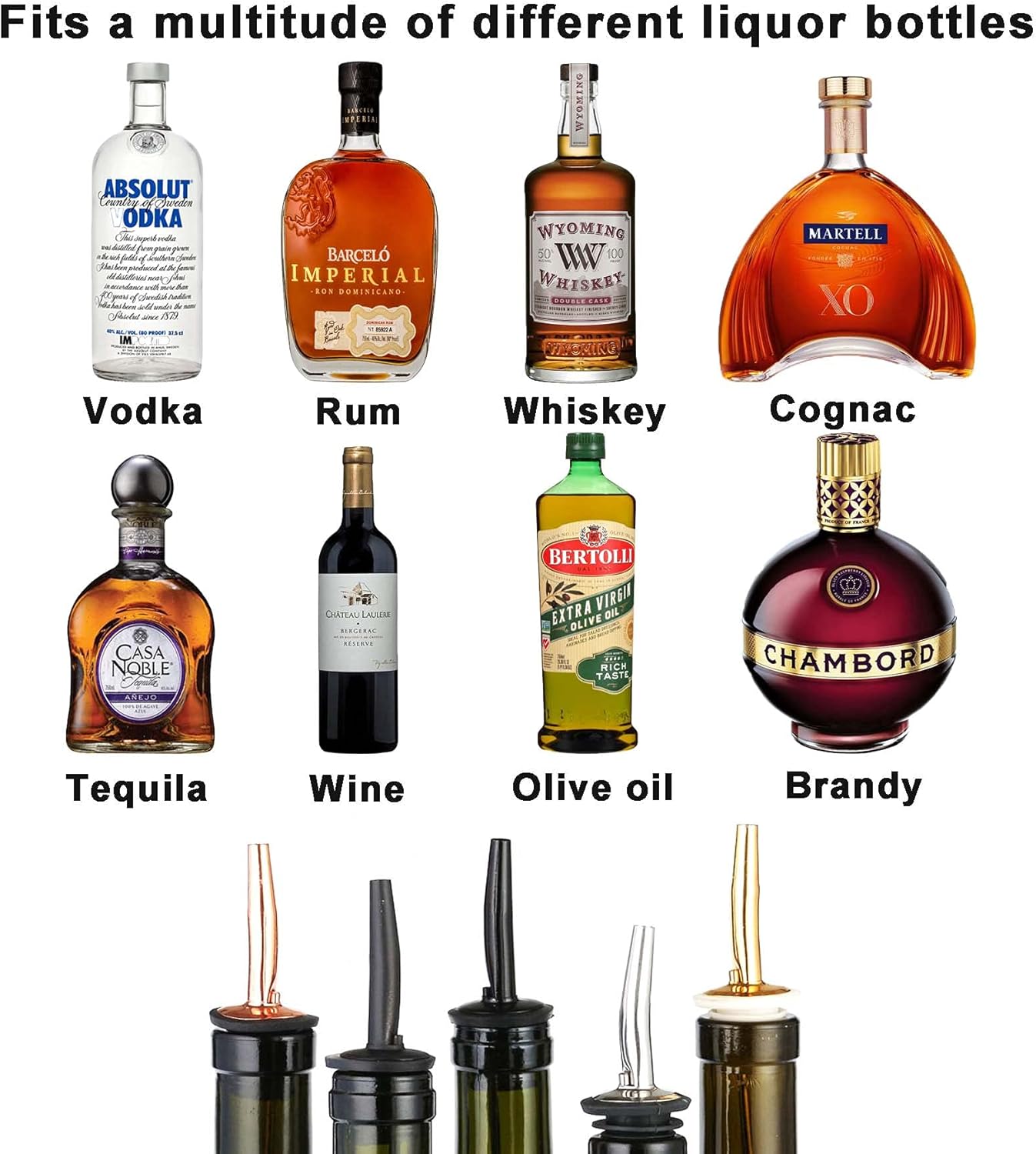 WAFJAMF 24 Pcs Stainless Steel Liquor Pour Spouts Set, Liquor Bottle Pourers with Rubber Dust Caps for Pours Liquid, Olive Oil, Wine, Vinegar (Gold-24 Pack)