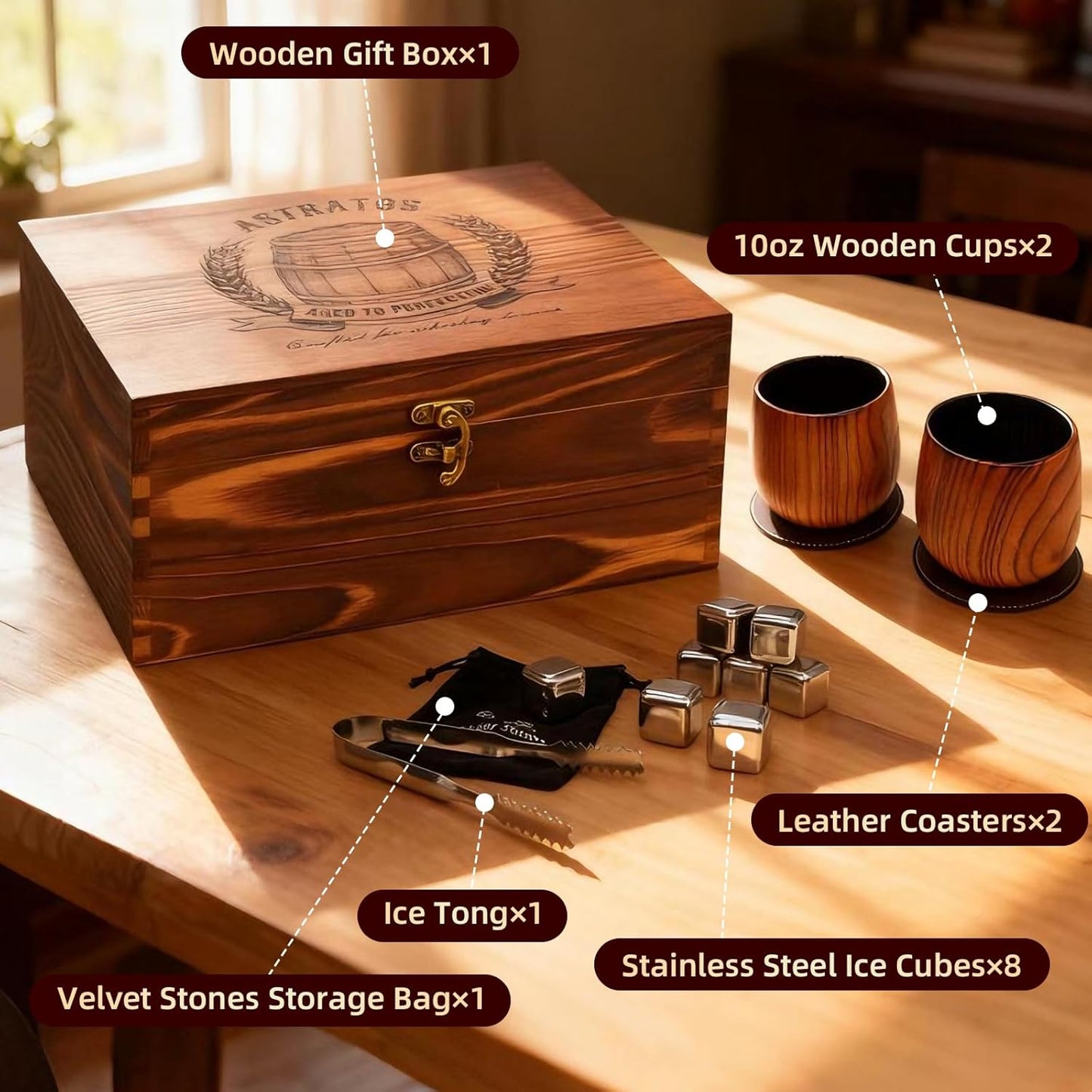 Charred Wooden Bourbon Drinking Glasses Set – Handcrafted Whiskey Cups with 8 Whiskey Stones – Great Whiskey Gifts for Men, Ideal Gift for Boyfriend, Dad, Husband & Friends