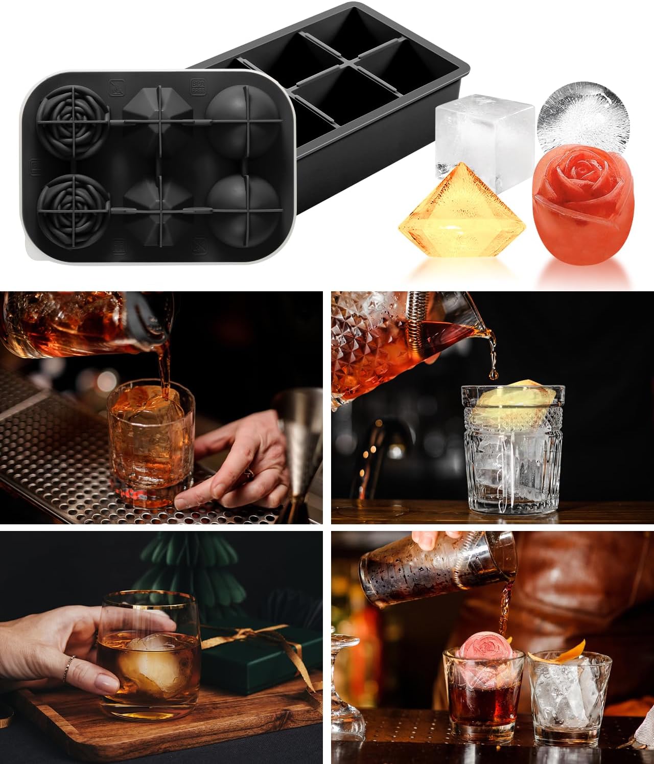 2Pack Silicone Square and Round Ice Cube Trays for Freezer - Sphere, Rose, Diamond Ice Molds for Whiskey, Cocktails & DIY, Black