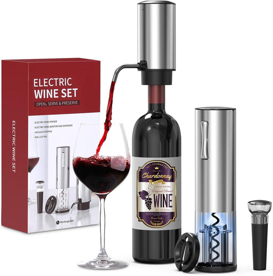 Electric Wine Opener Set, 4 in 1 Electric Wine Bottle Opener, Rechargeable Corkscrew Opener with Aerator, Foil Cutter, Vacuum Stopper, Ideal Present for Wine Lovers, Party, Wedding