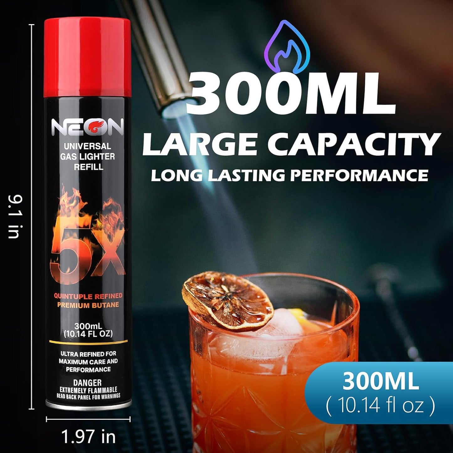NEON Butane Fuel 300ml, 5X Premium Refined Butane Refill for Torch Lighter, 0 Impurities Lighter Fluid with Metal Nozzle & 5 Butane Gas Refill Adapters for Culinary, Welding, and DIY (2 Cans)