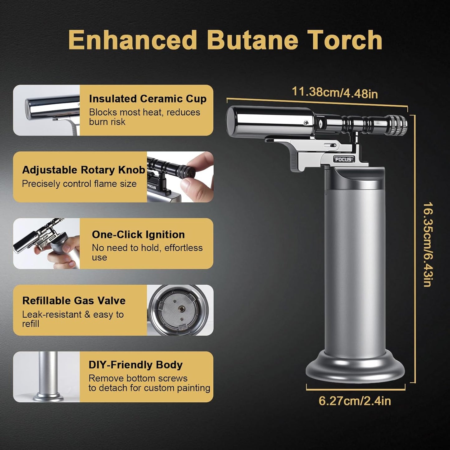 Butane Torch Lighter,Kitchen Torches For Cooking,Mini Adjustable Flame Blow Torch,Cooking Creme Brulee Torch,Gift for family(Butane Not Included) (SILVER)