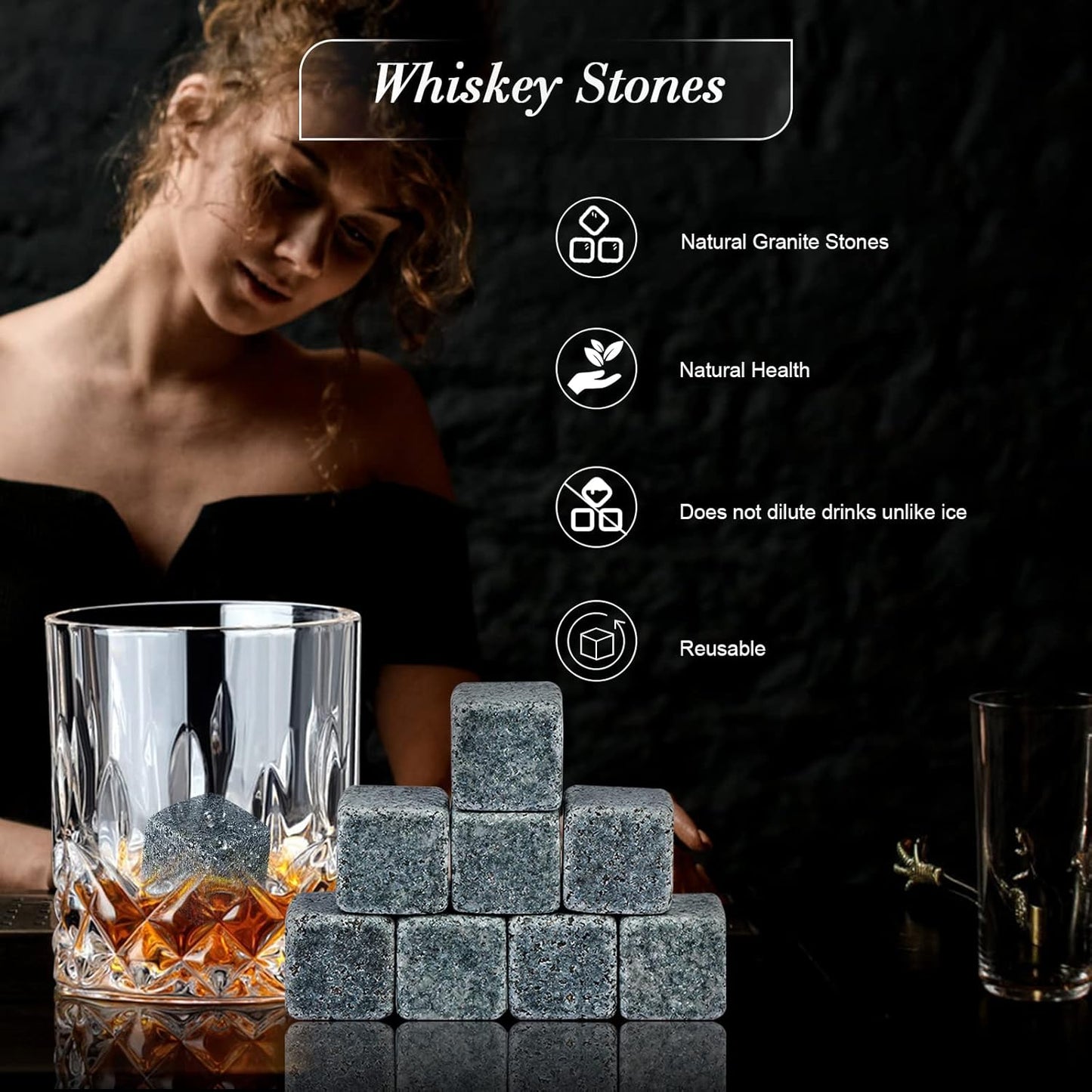 Whiskey Stones and Whiskey Glass Gift Set, DIOXADOP 8 Natural Whisky Stones 1 Crystal Whisky Glasses with Blessing Card in Exquisite Wooden Box, Prepare a Gift for a Whisky Scotch Bourbon Lover