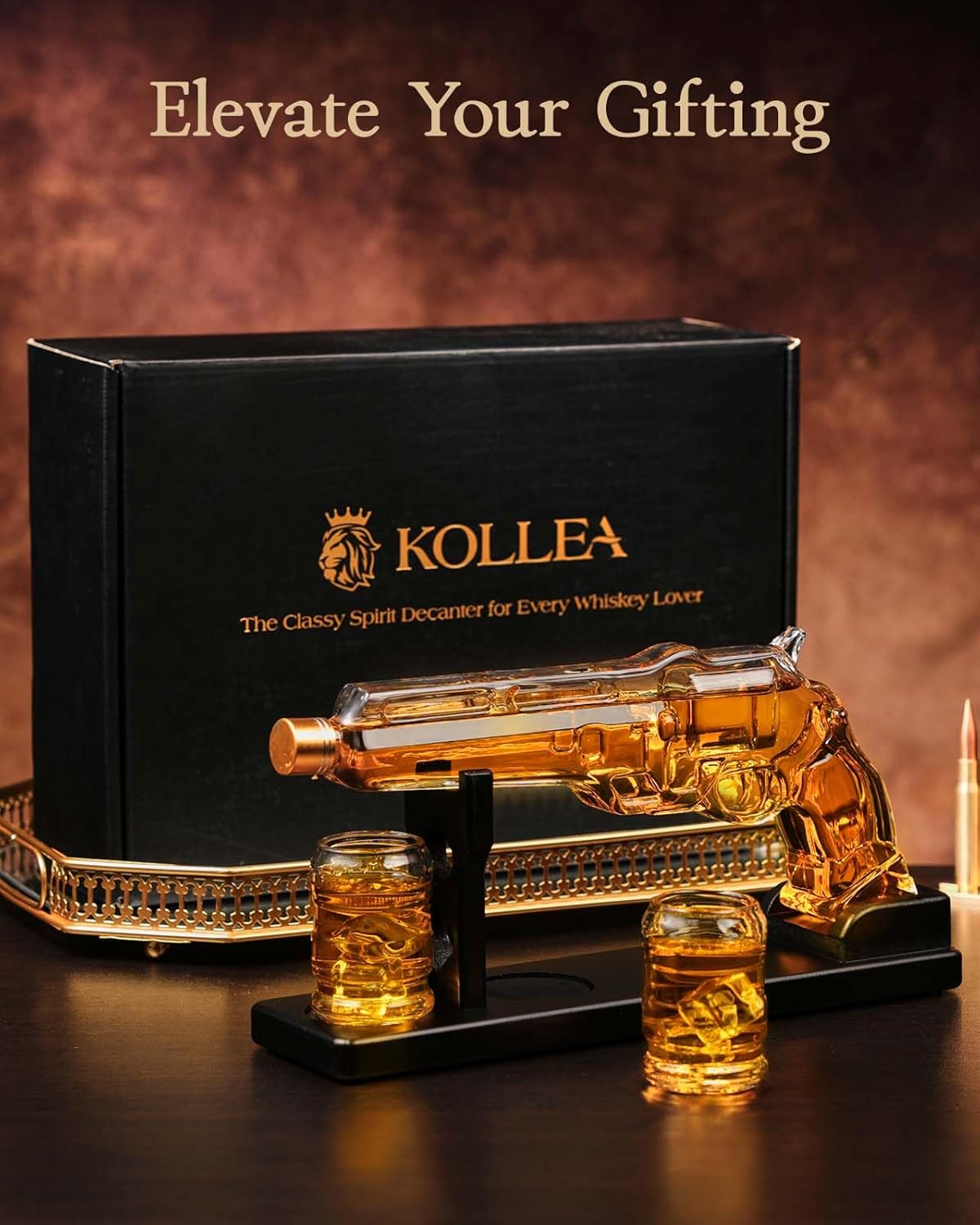 Gun Whiskey Decanter Sets for Men, Kollea Liquor Decanter Set with Shot Glass, Handcrafted Birthday Gifts for Men Dad Brother, Anniversary Set for Him Husband, Home Bar Drinking Party, Valentine's Day
