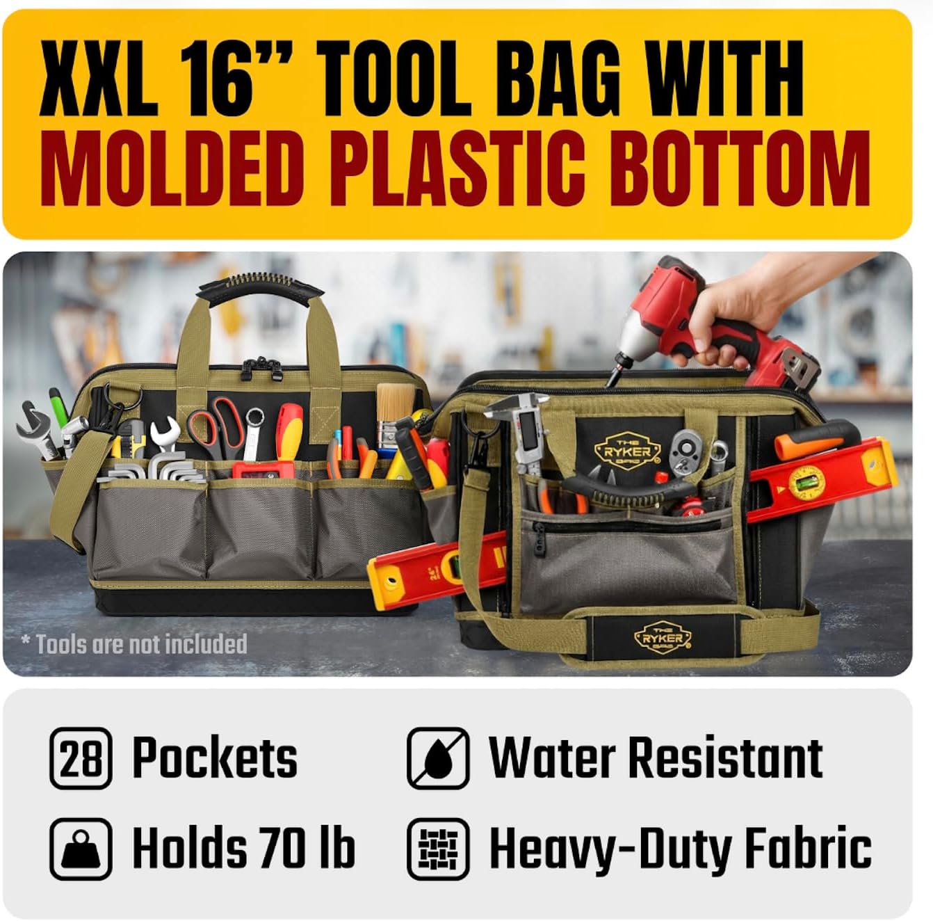 The Ryker Bag 16-inch Large Heavy Duty Wide Mouth Tool-Bag Organizer with Maximum Storage, Portable Utility Bag for Tools, Gift for Dads, Contractors, Mechanics, Technicians, Handyman & Welders