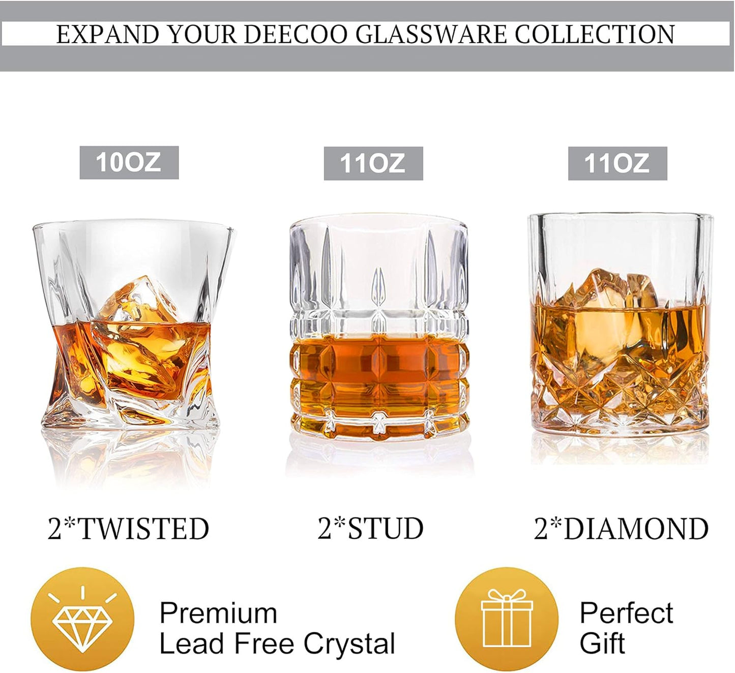 DeeCoo Premium 10, 11 OZ Scotch Glasses - Old Fashioned Whiskey Glasses/Style Glassware for Bourbon/Rum/Bar Tumbler Set of 6