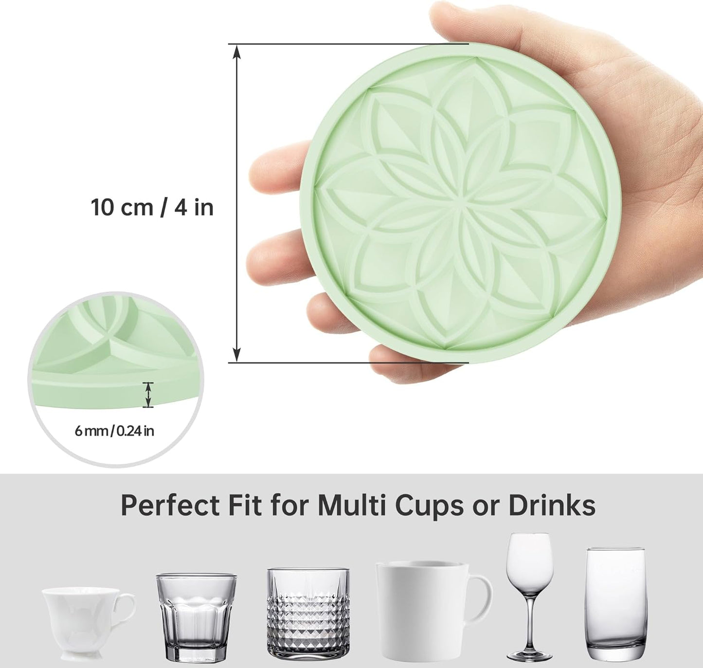 HFHOME Silicone Coasters Set for Drinks - 6 Pack With Holder, Table Cup Mat for Coffee Table, Desk, Bar - Tabletop Protection Gift - Nyanza Green