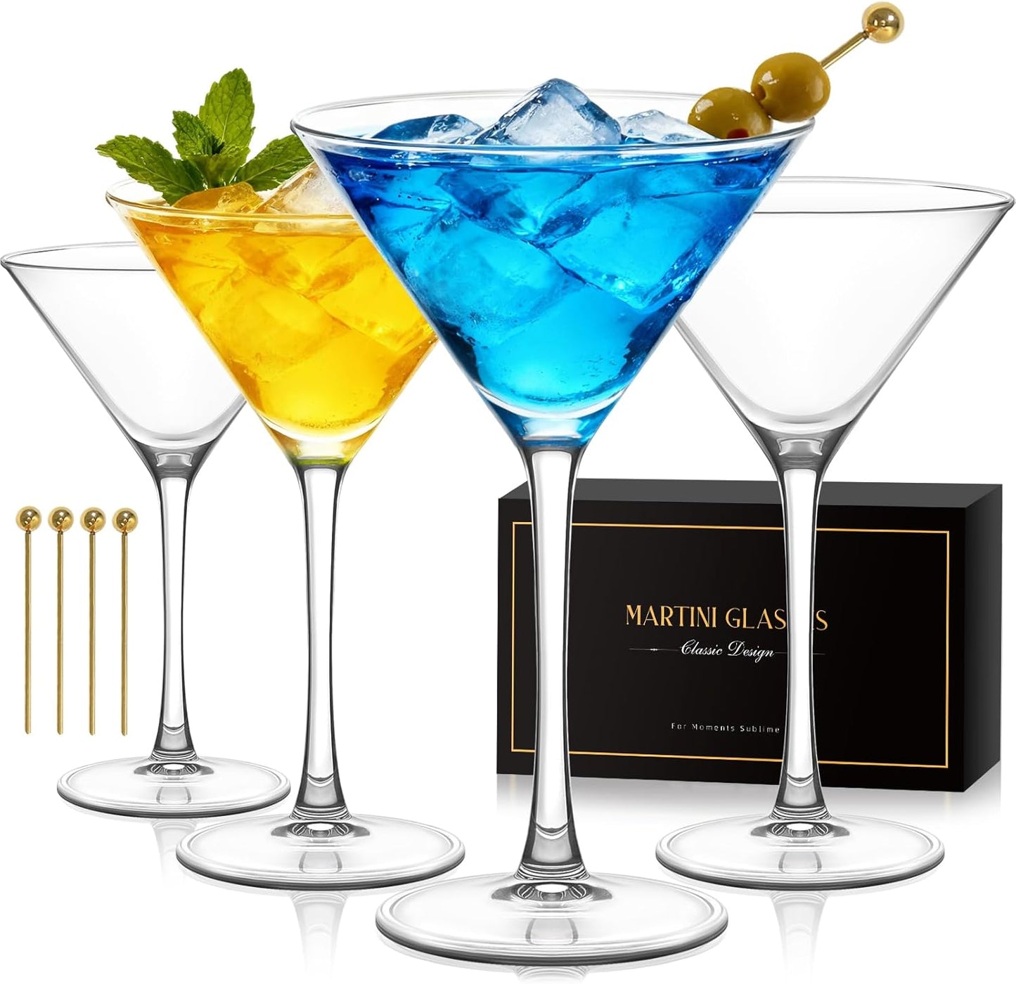 Martini Glasses Set of 4, Classic Crystal Glass Cocktail Glasses with Golden Cocktail Picks & Exquisite Box, Clear Hand Blown Coupe Glasses for Drink, Martini, Espresso Martini, Home Bar