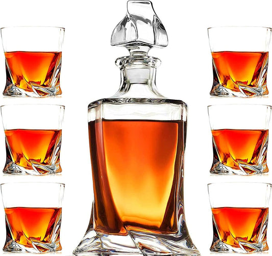 Whiskey Decanter Glasses Set Lead-Free Crystal Glass Scotch Tasting Cups Wine Bottle for Drinking Irish Whisky Bourbon Tequila tumbler (Twist, 1 Decanter & 6 Glasses Set)