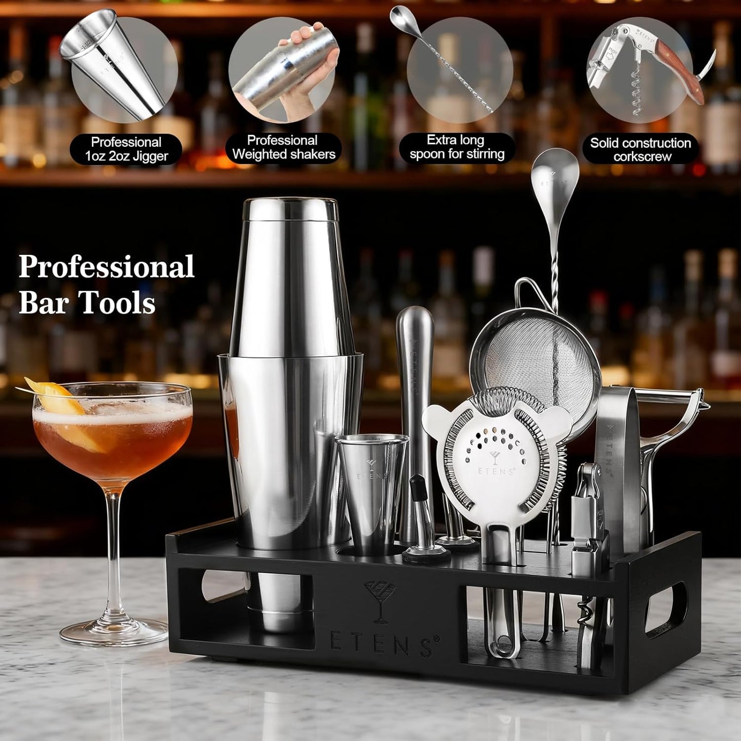 ETENS Cocktail Shaker Set Drink Mixer Bar Accessories – 15Pcs Mixology Bartender Kit Includes Boston Shaker, Japanese Jigger, Strainer, Bottle Opener, Cocktail Mixing Spoon – Handcrafted Wood Stand