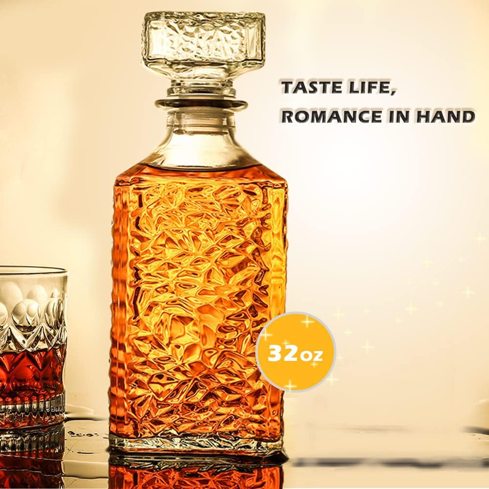 Whiskey Decanter with Airtight Geometric Stopper,32oz Liquor Decanter,Glass Decanter,Diaphanous Liquor Bottle,Decanter with Airtight Lid for Whiskey,Vodka,Bourbon,Scotch,Brandy,Wine