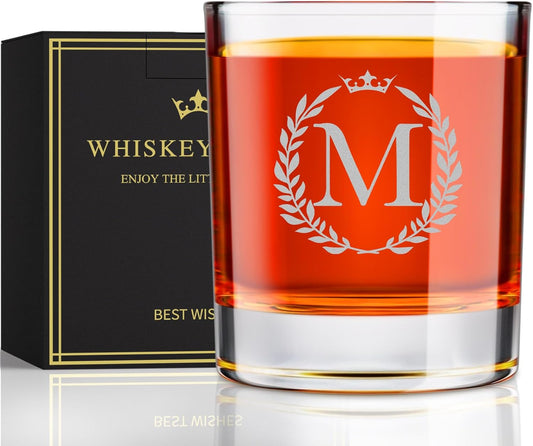 Astonlink Personalized Whiskey Glasses Gifts for Men, Monogrammed Engraved A-Z 10.6 oz Rocks Glass Customized Gift, Unique Fathers Day Birthday Gifts for Men Him Dad Husband Brother Son (M)