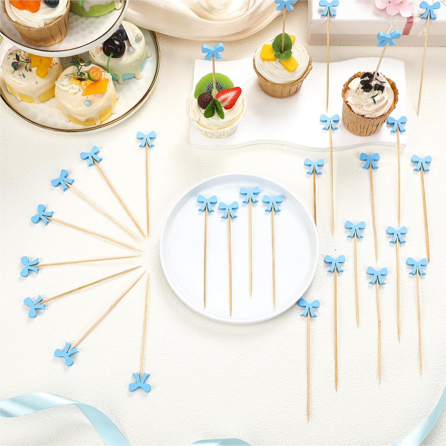 Tioncy 100 Pcs Blue Bow Cocktail Picks Swizzle Stick Toothpicks 4.72 Inch Long Bamboo Fancy Toothpicks for Appetizers Drinks Birthday Bridal Wedding Baby Shower Party Decoration