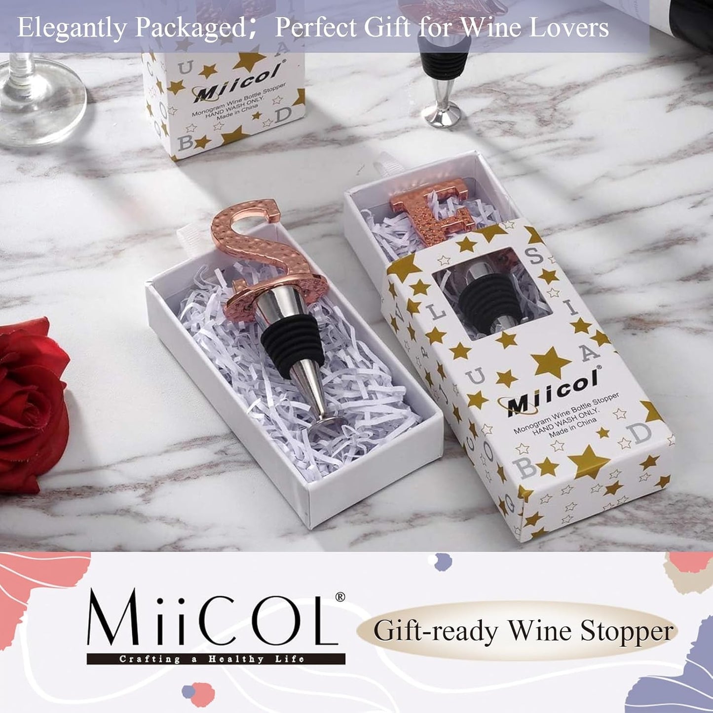 Miicol Wine Stopper, Prosecco Topper, Personalised Champagne Stopper, Rose Gold Wine Bottle Accessories, Wine Lovers Gift, Monogram Gift, Letter S