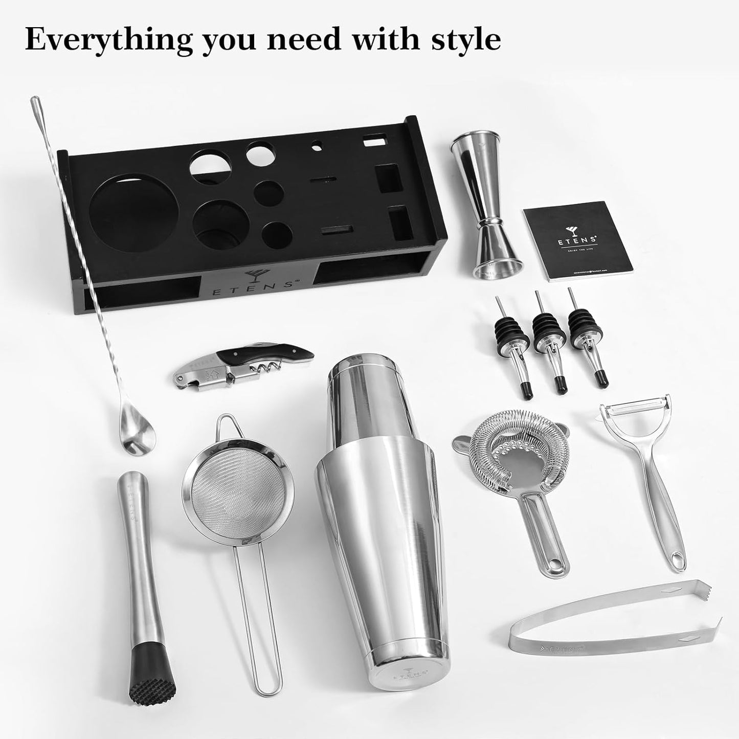ETENS Cocktail Shaker Set Drink Mixer Bar Accessories – 15Pcs Mixology Bartender Kit Includes Boston Shaker, Japanese Jigger, Strainer, Bottle Opener, Cocktail Mixing Spoon – Handcrafted Wood Stand