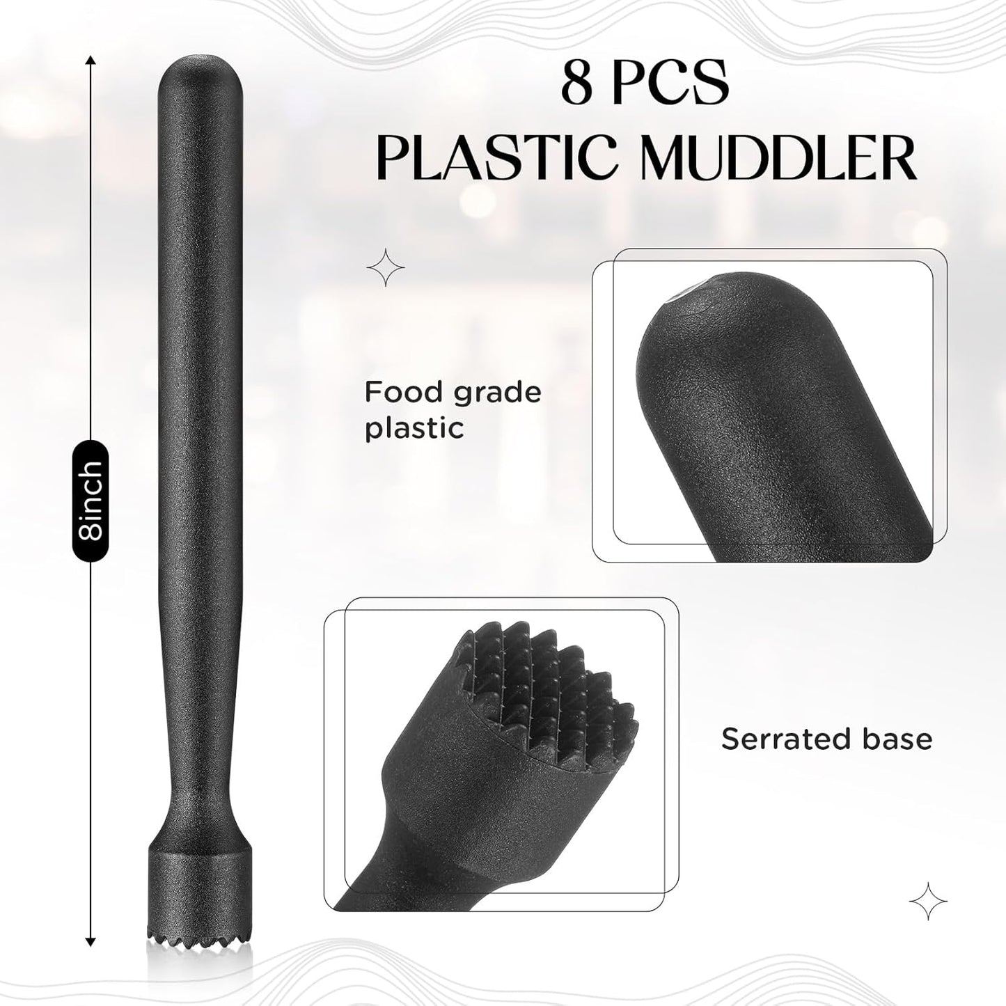 Baderke Muddler for Cocktails Plastic Bar Muddler Bulk 8 Inch Bar Accessories Tools Set for Home Ice Crusher Bartender Accessories Mojito Fruit Drink(Classic,Black,8 Pcs)