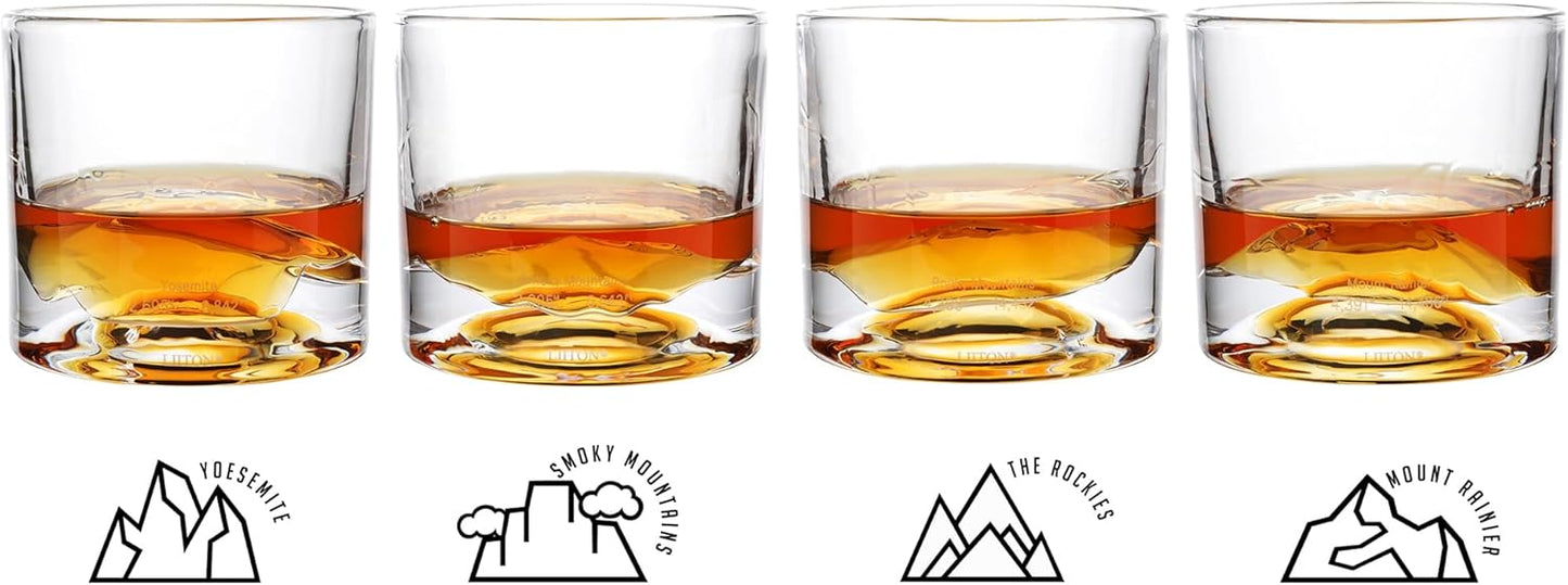 LIITON American Peaks Heavy Crystal Whiskey Glasses Gift Set of 4, Thick Freezable Bourbon Glass 1lb Each, Premium Whiskey Gifts for Men, Frozen Crystal Chills Cocktails, 10 oz
