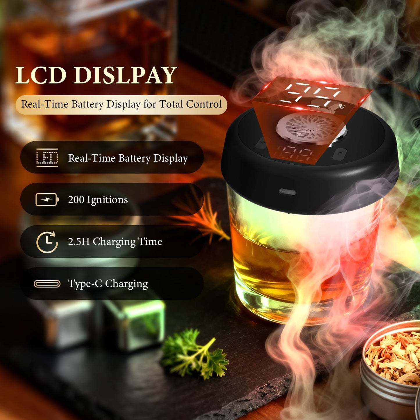 Electric Whiskey Smoker Kit, Torch-Free Rechargeable Cocktail Smoker with 7 Color Lights, Portable Drink Smoker with 10 Wood Chips, Ice Molds & Steel Cubes, Great Gift Idea for Whiskey Lovers