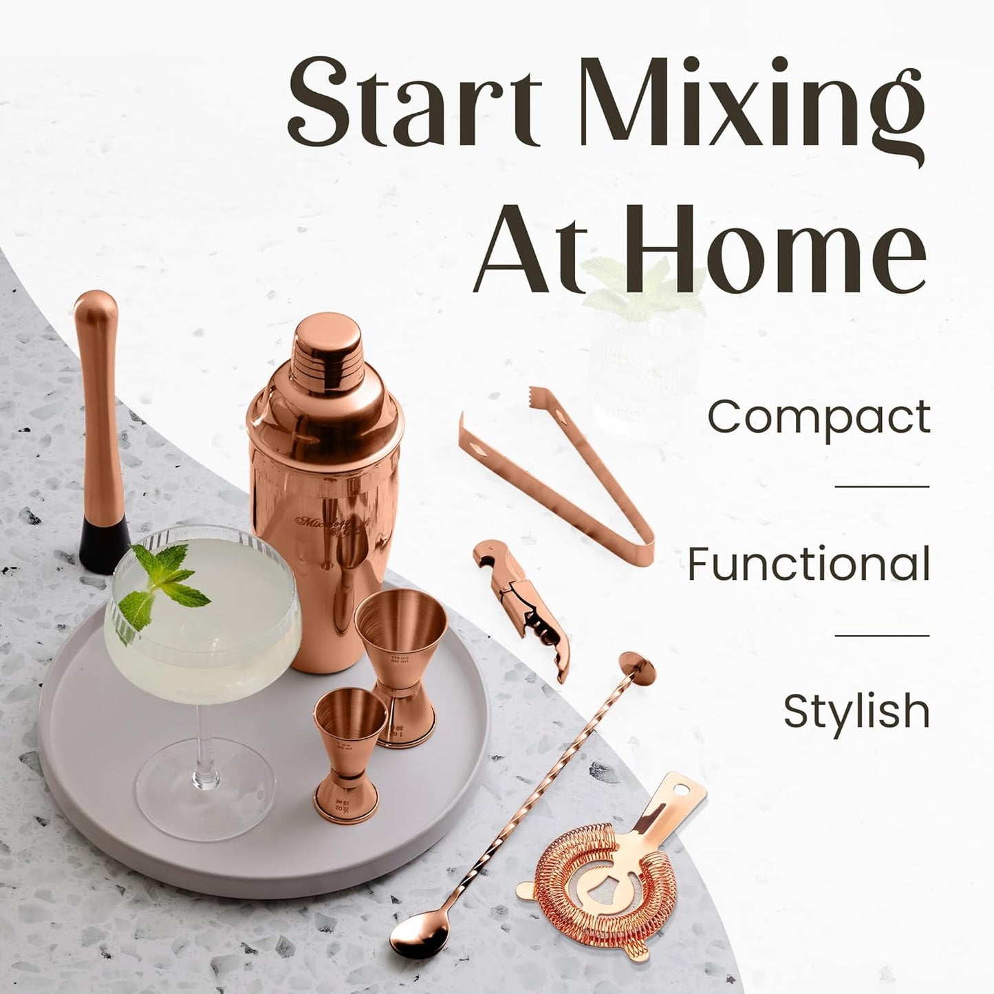 Mixology & Craft Rustic Cocktail Shaker Set – Includes Wood Stand, Complete Barware Kit with 24 Oz Shaker, Dual Jiggers, Pourers, Muddler, Strainer – Perfect for Home Bartenders (Copper)