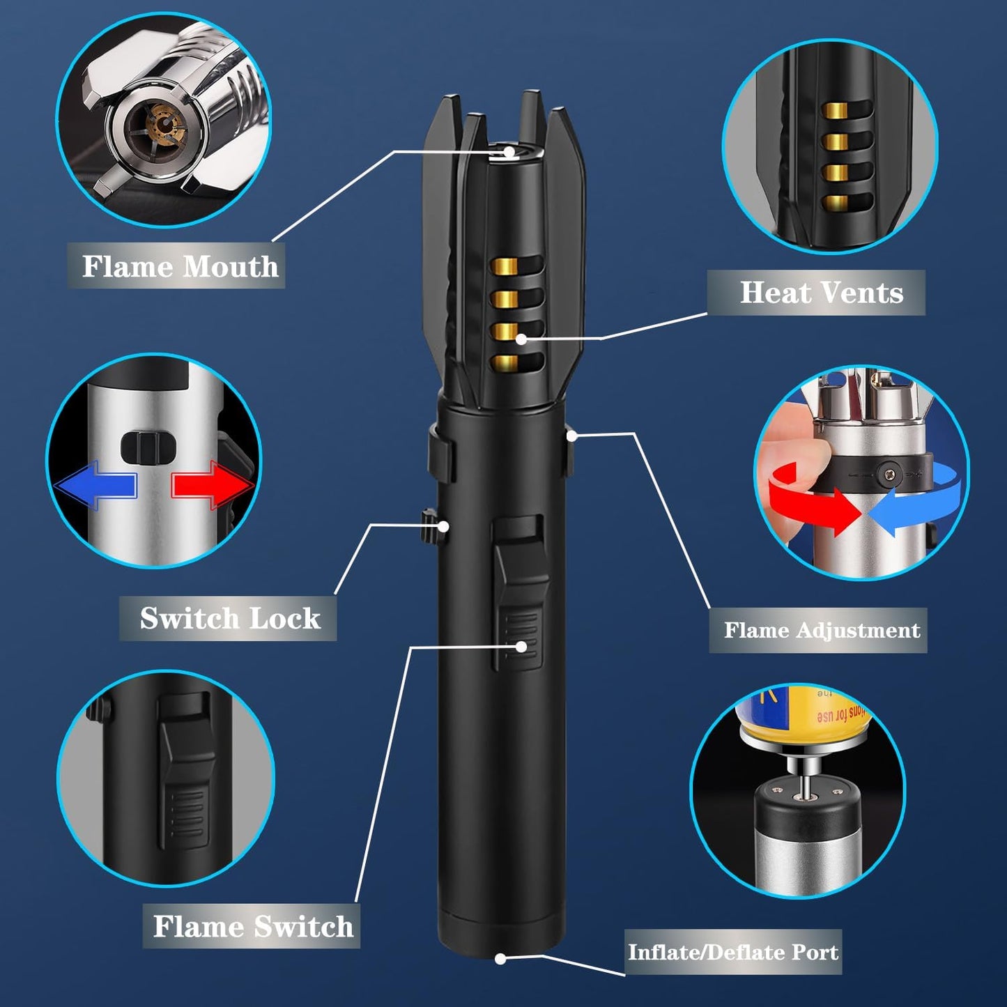 Large Torch Lighter, Windproof Butane Lighters with Flame Adjustable, Refillable, Jet Flame, Flame Switch Lock, Cool Lighter for Men.(Gas Not Include)