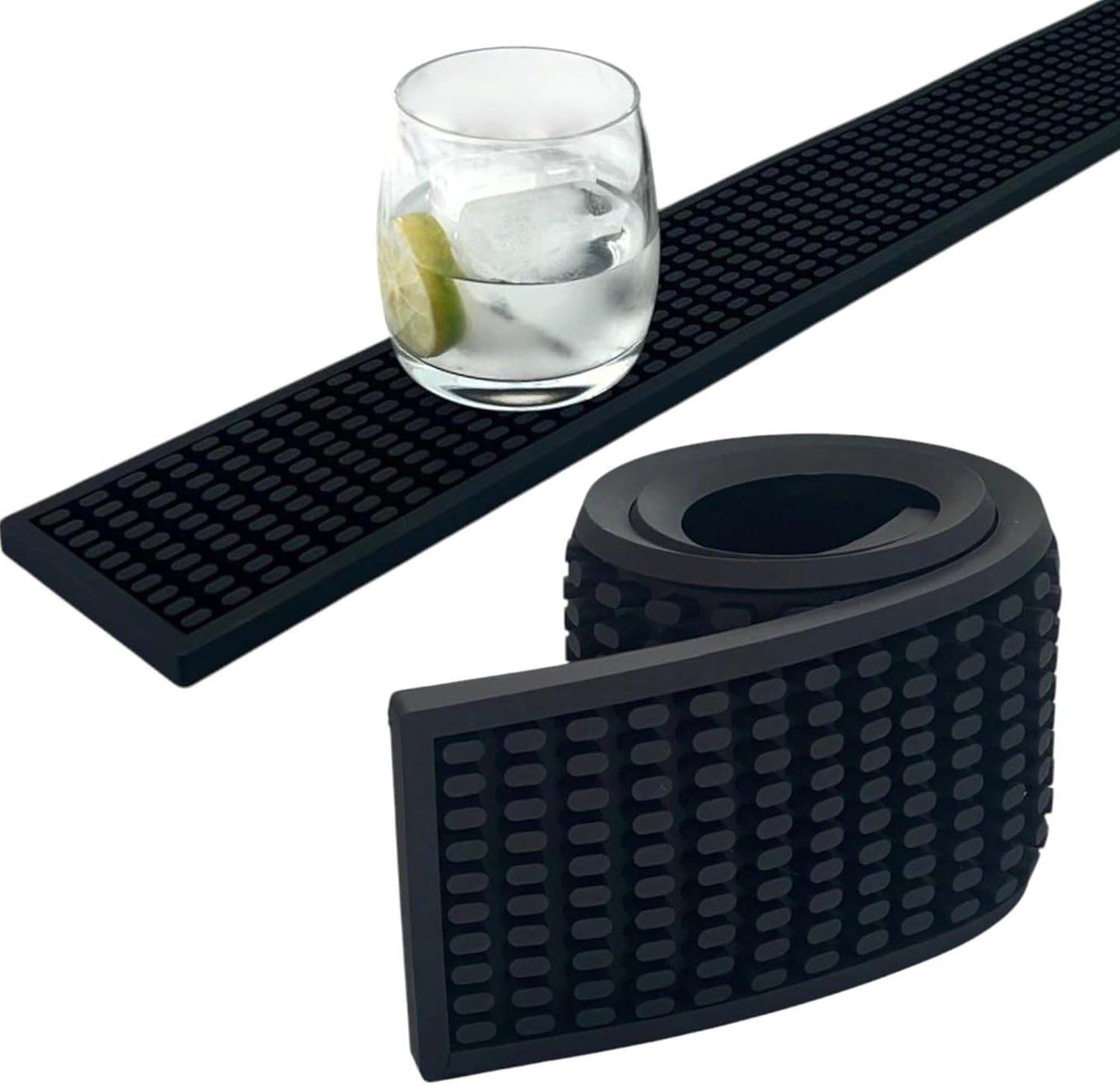 Rubber Bar Mat – Non-Slip Spill & Drip Mat for Bartending, Coffee Bar & Kitchen Countertop, Thick Durable Counter Protector & Stylish Drying Mat (Total Black, Runner 23.6" x 3.1")