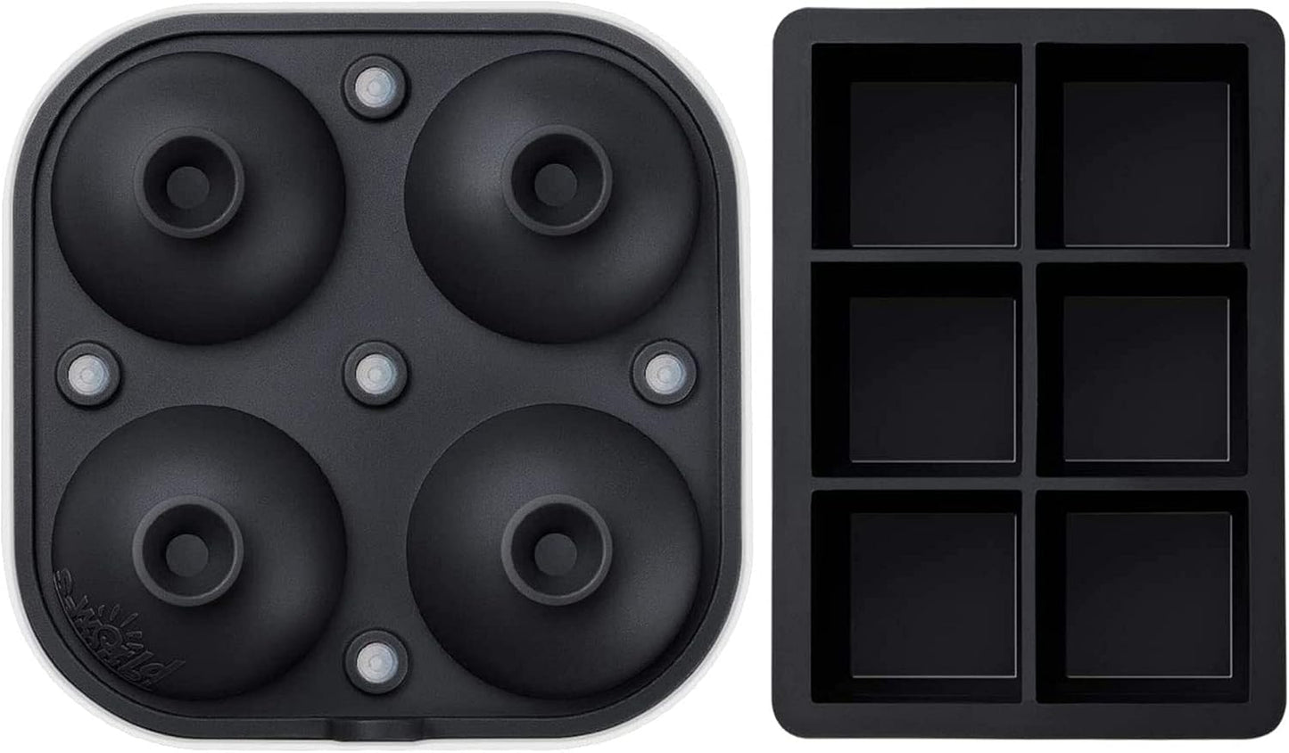 Samuelworld Large Silicone Premium Ice Trays, 2-Pack Combo, 2 Inches Big Ice Cube Tray & 2.5 Inches Large Ice Sphere - BPA Free, Craft Ice Maker for Gifting, Whiskey, Cocktails, Easy Release - Black