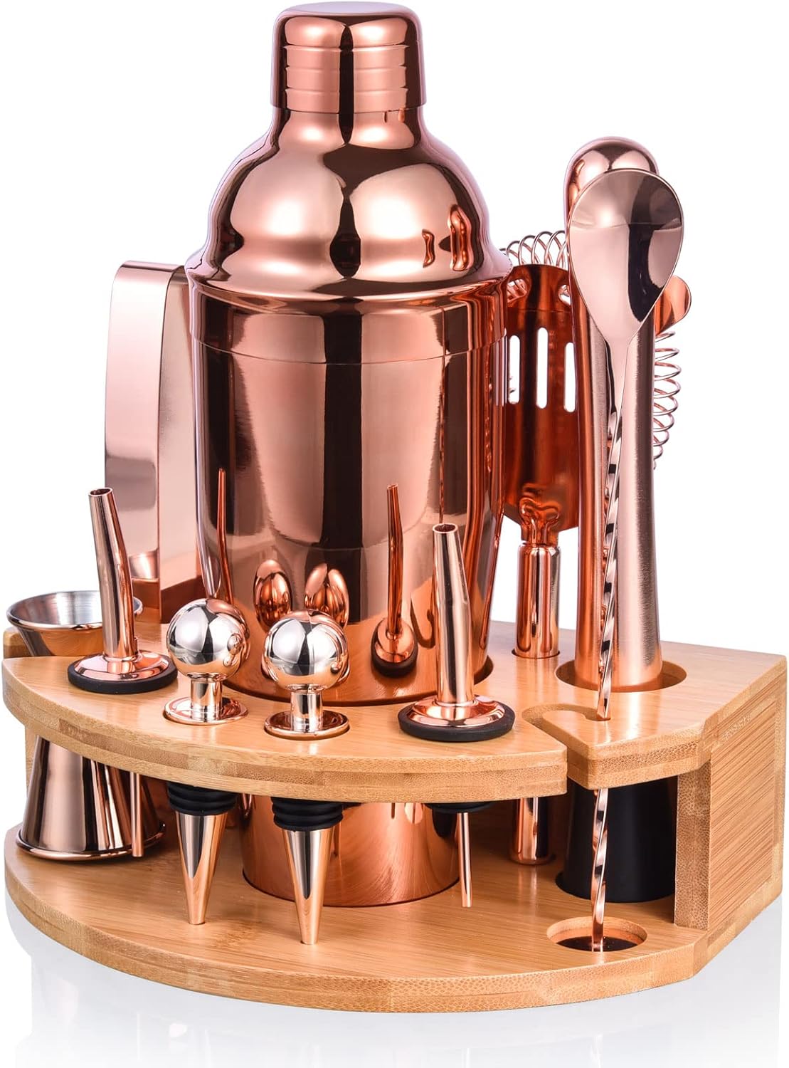 Bartender Kit with Stylish Bamboo Stand, 12 Piece 25oz Cocktail Shaker Set for Mixed Drink, Professional Stainless Steel Bar Tool Set, Gift for Man Dad- Cocktail Recipes Booklet (Rose Gold)