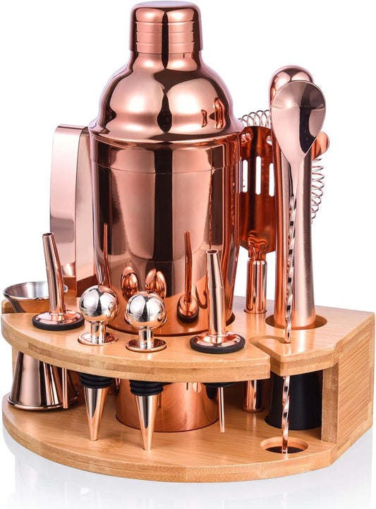 Bartender Kit with Stylish Bamboo Stand, 12 Piece 25oz Cocktail Shaker Set for Mixed Drink, Professional Stainless Steel Bar Tool Set, Gift for Man Dad- Cocktail Recipes Booklet (Rose Gold)