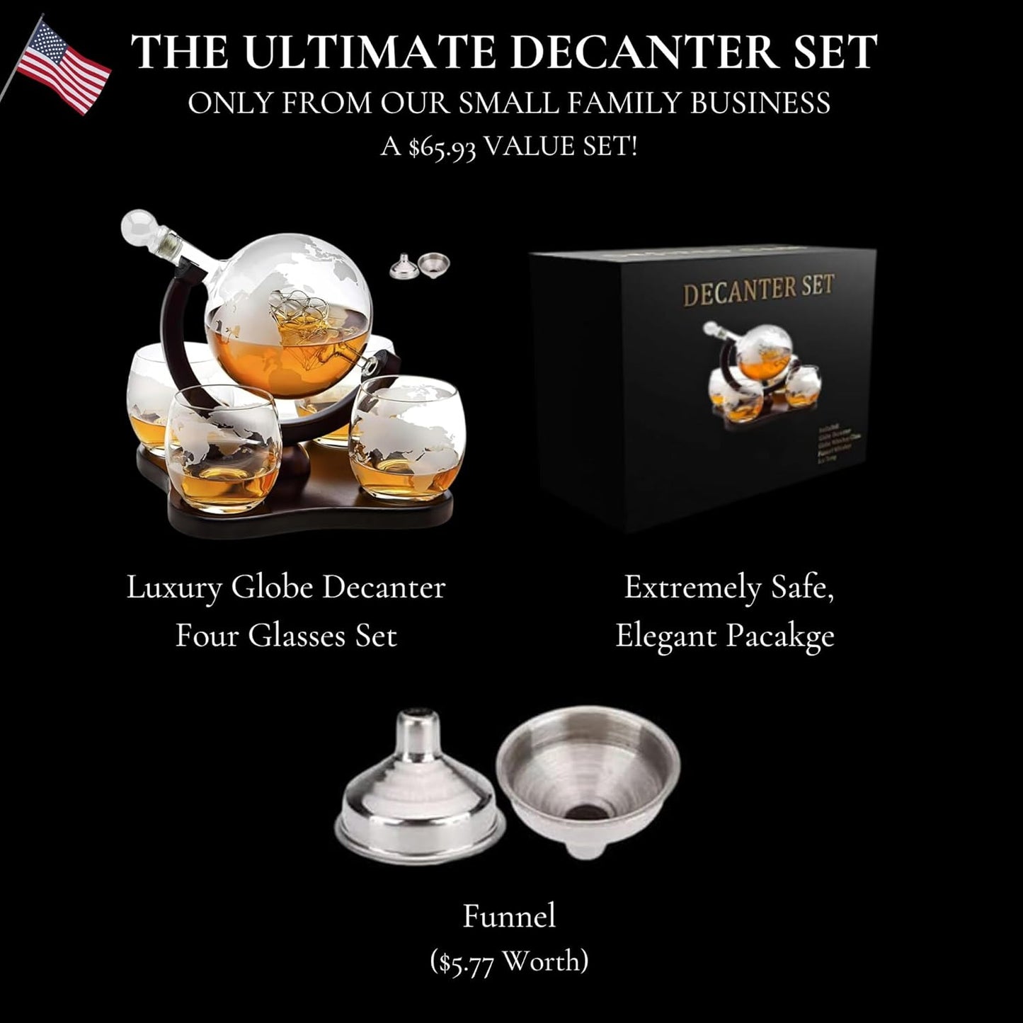 Whiskey Decanter Globe Set with 4 Etched Globe Whisky Glasses Gifts For Men Dad, Husband, Mancave - for Liquor, Bourbon, Scotch, Vodka - 850ml
