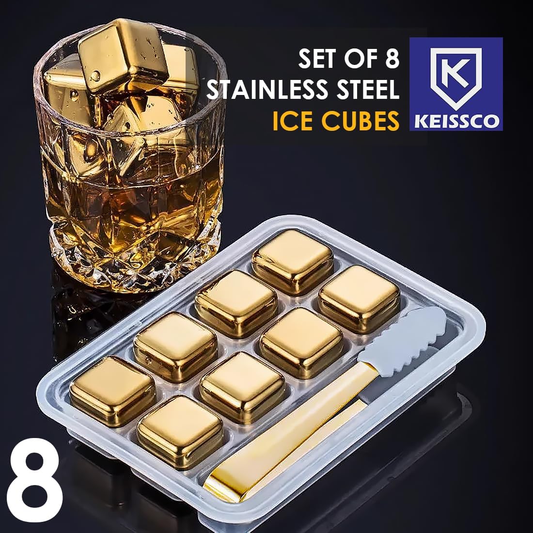KEISSCO Stainless Steel Chilling Cubes Reusable Ice Cube Whiskey Stones for Drinks Beverage Jumbo Chilling Stones Set with Ice Tongs and Freezer Storage Tray for Whiskey, Gold Color Edition (8 Pack)