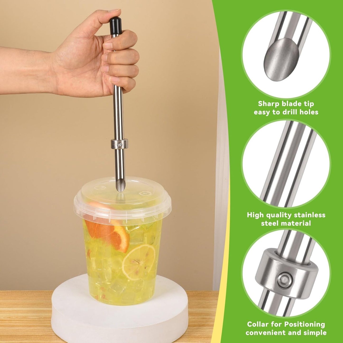 5 Pack Straw Puncher, lemonade stand supplies kit with straw puncher for plastic lids, muddler for lemonade and cocktails, reusable lemonade cups