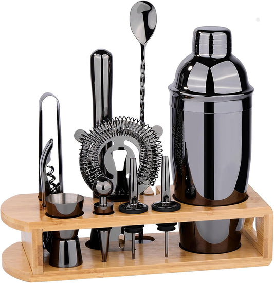 Cocktail Shaker Set Bartender Kit : 12-Piece Bar Tool Set with Bamboo Stand | Bar Set with All Practical Bar Accessories, for Drink Mixing, Bar, Home, Lounge & Party (Titanium Grey)