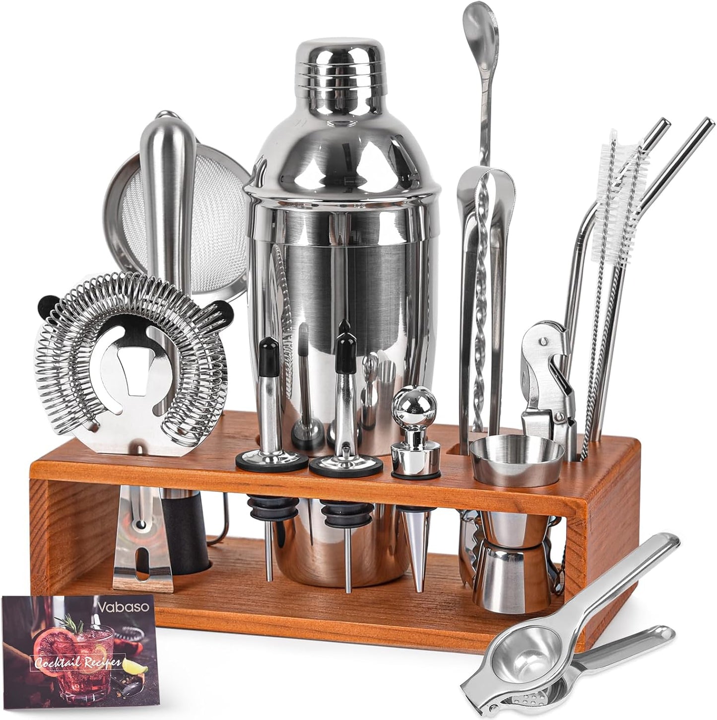 Vabaso 20-Piece Bartender Kit with Stand, Cocktail Shaker Set for Home Bar, 25oz Professional Stainless Steel Bar Tool Set with Cocktail Recipes Booklet, Christmas White Elephant Gifts for Adults Men