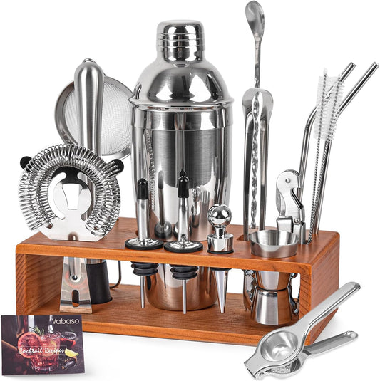 Vabaso 20-Piece Bartender Kit with Stand, Cocktail Shaker Set for Home Bar, 25oz Professional Stainless Steel Bar Tool Set with Cocktail Recipes Booklet, Christmas White Elephant Gifts for Adults Men