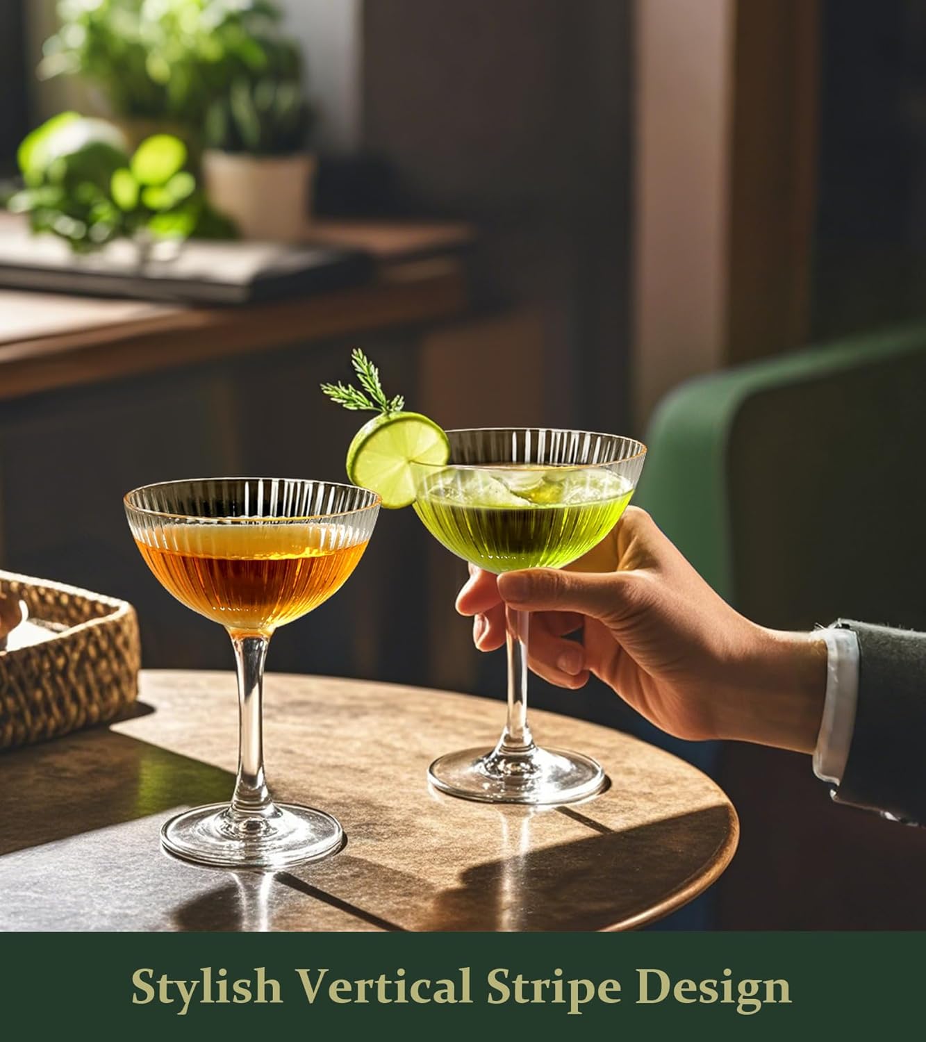 Coupe Glasses Set of 4, Ribbed Crystal Glass Cocktail Glasses with Luxury Box, 8oz Reusable Clear Hand Blown Martini Glasses for Drink, Martini, Espresso Martini, Home Bar, Christmas