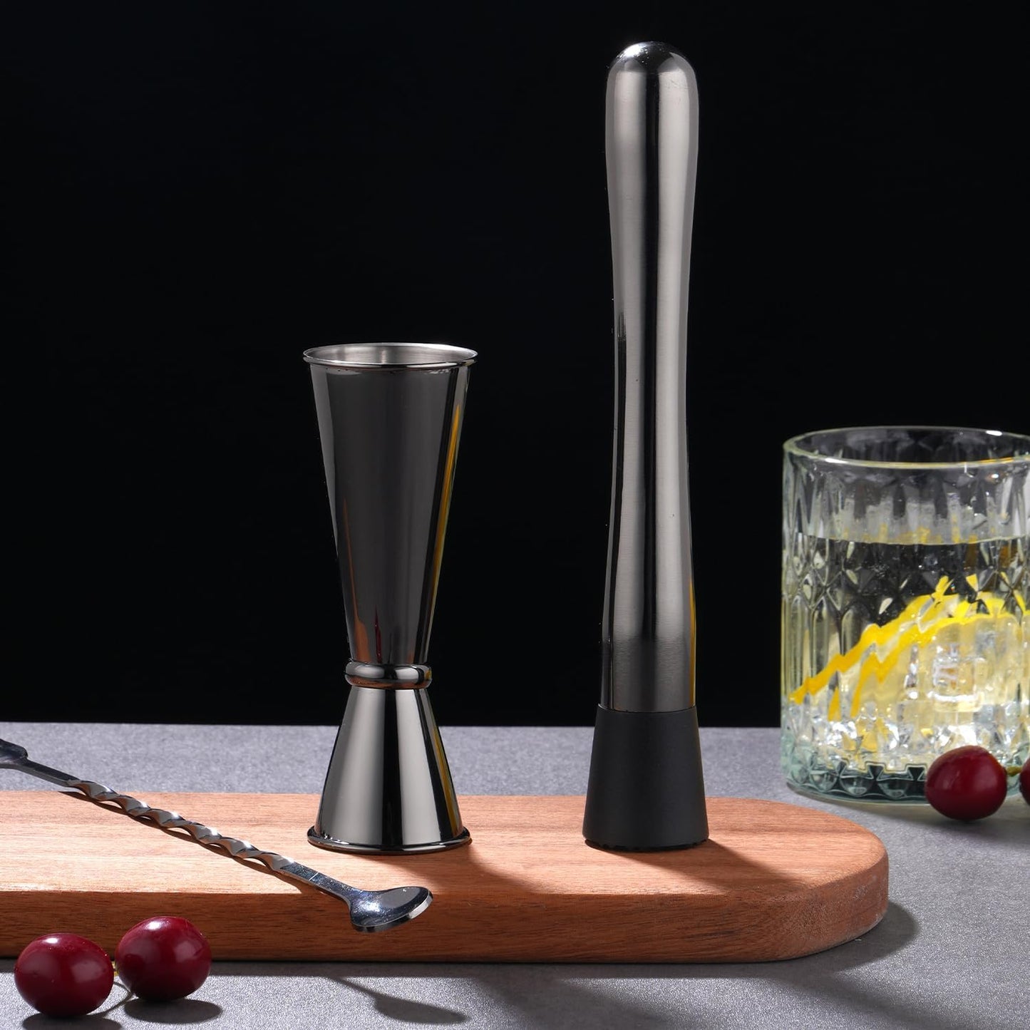 8 Inches Stainless Steel Muddler for Cocktails, Matching Jigger and Bar Spoon with Cocktail Muddler - 3 Pcs Drink Muddler for Cocktails