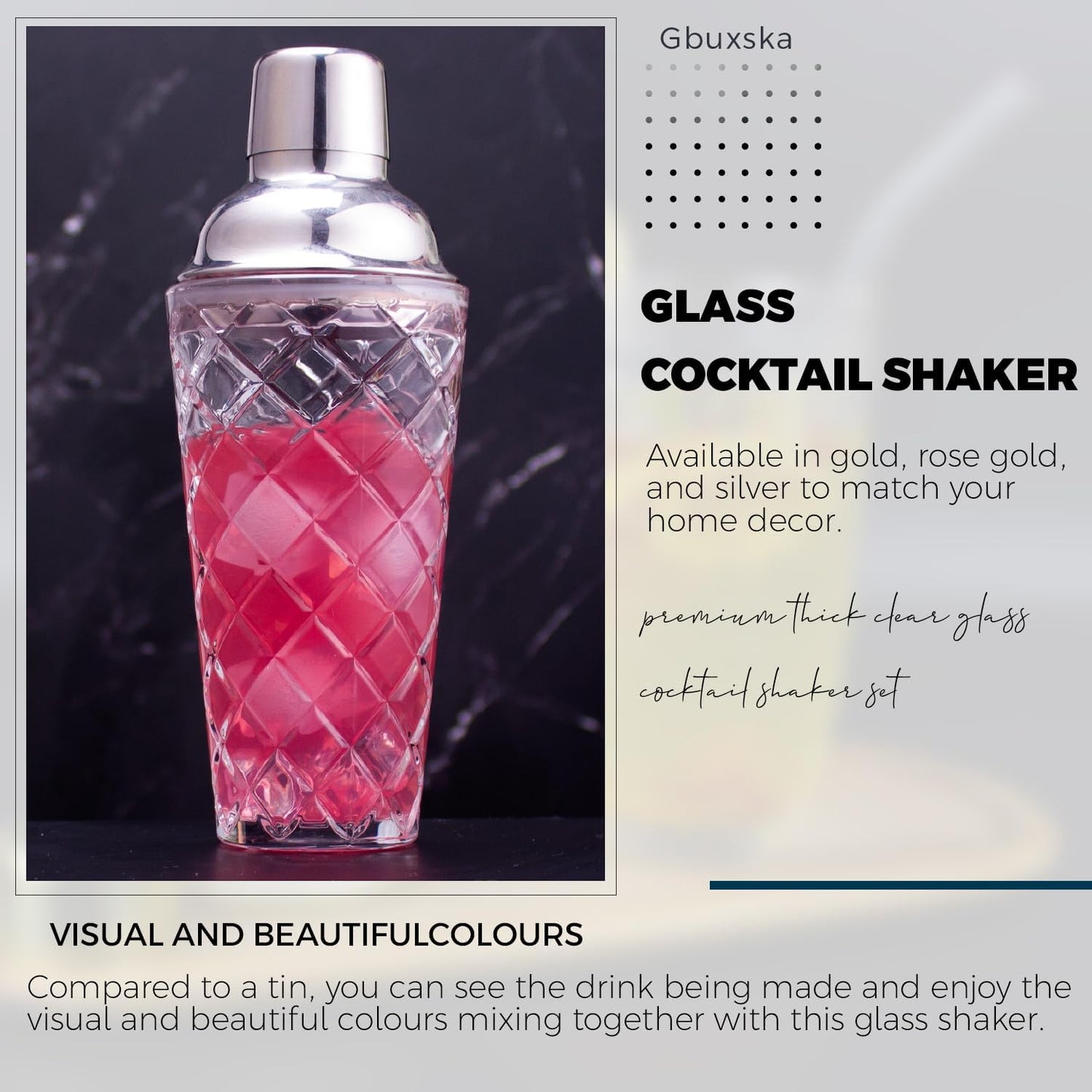 Cocktail Shaker Set, 14.2oz Glass Martini Shaker with Strainer - Includes Measuring Jigger, Mixing Spoon and Muddler - Perfect for Making Cocktails and Protein Shakes (Silver)