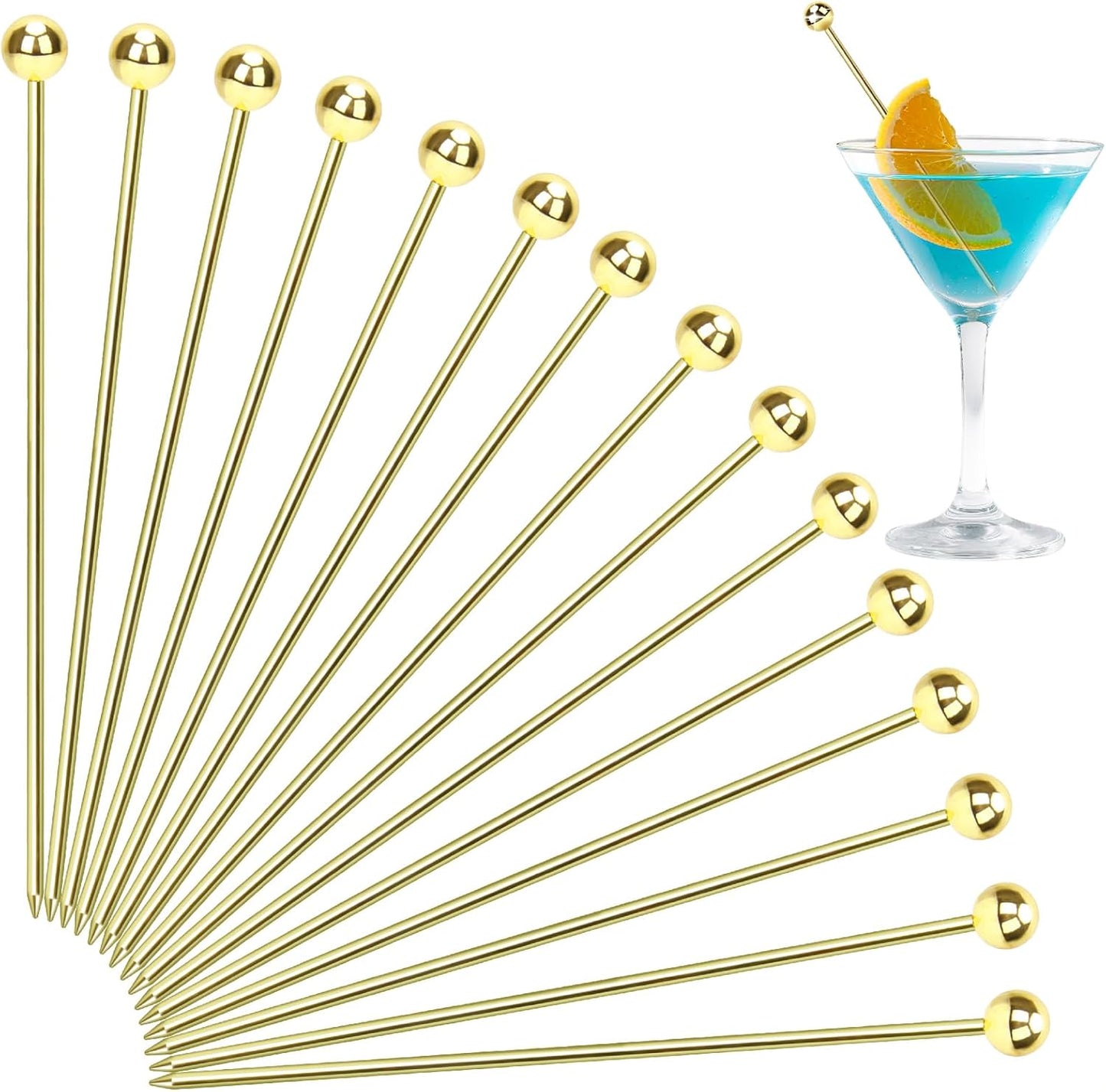 15PCS Gold Cocktail Picks for Drinks, Stainless Steel Fancy Cocktail Toothpicks, Reusable Metal Cocktail Skewers, 4.3 IN Party Garnish Sticks Martini Picks for Olives Appetizers Fruit Bloody Mary
