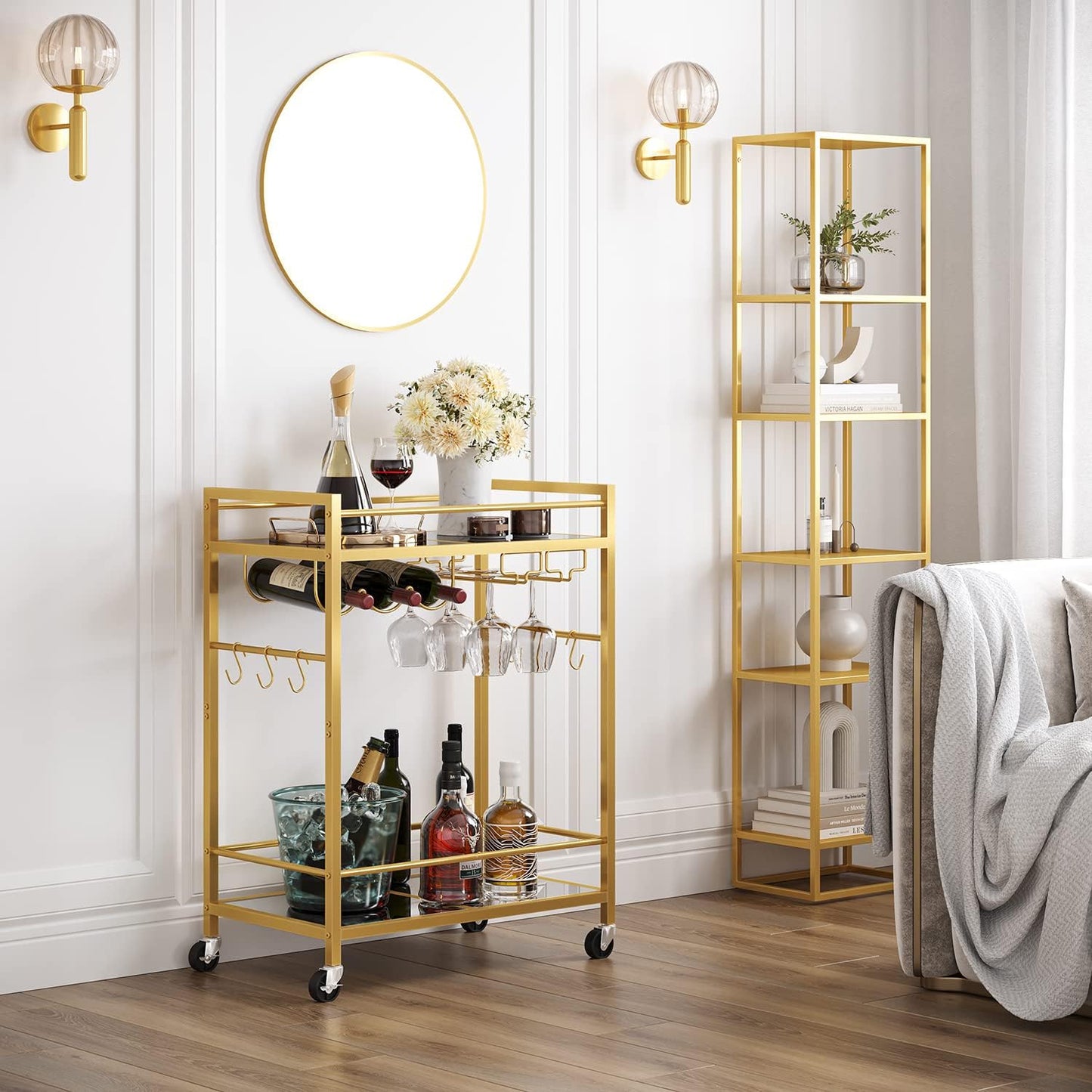 TUTOTAK Bar Cart, Serving Cart for Home, Drink Cart, Mobile Kitchen Shelf with Wine Rack and Glass Holder, Rolling Beverage Cart, Gold BC01BB031