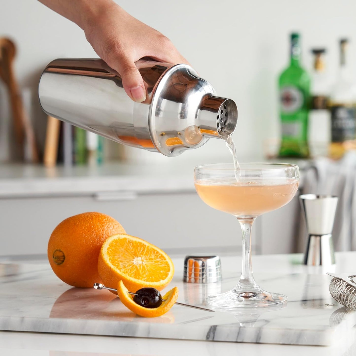 True Contour Cocktail Shaker, 18 oz Stainless Steel Cobbler Shaker With Cap And Strainer - Drink Shakers for Cocktails and Liquor