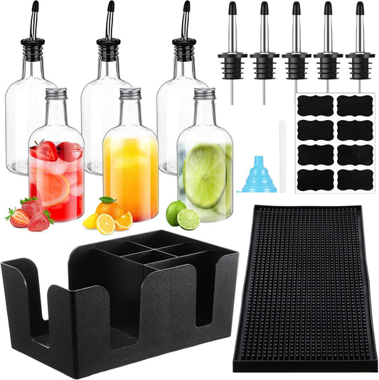 6 Sets 16 oz Plastic Long Neck Bottles with Pourers, Caps, Mats for Bartending, Plastic Bar Caddy Organizer for Bar Supplies Liquor Juice Store Syrup Bottles Pourers