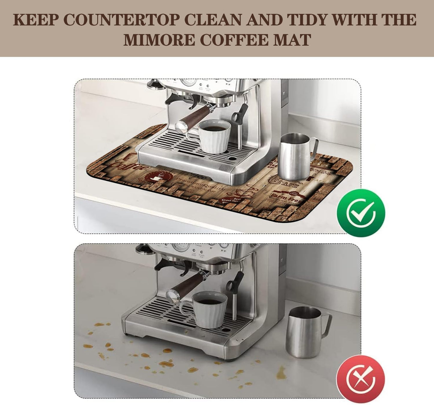 Absorbent Coffee Bar Mat for Espresso Machine Countertops - Rubber Backed Draining Pad - Fit Under Coffee Maker - 20x12in
