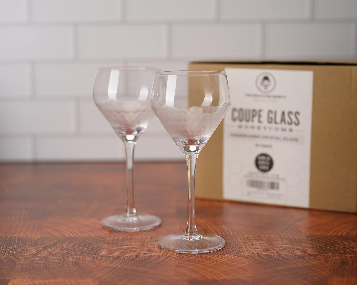 Amehla x The Educated Barfly Collection Coupe Glass Handblown Teardrop Nick and Nora Cocktail Glass - 6-ounce, Set of 2 Martini Glasses for Up Cocktails (Hand-Etched Honeycomb)
