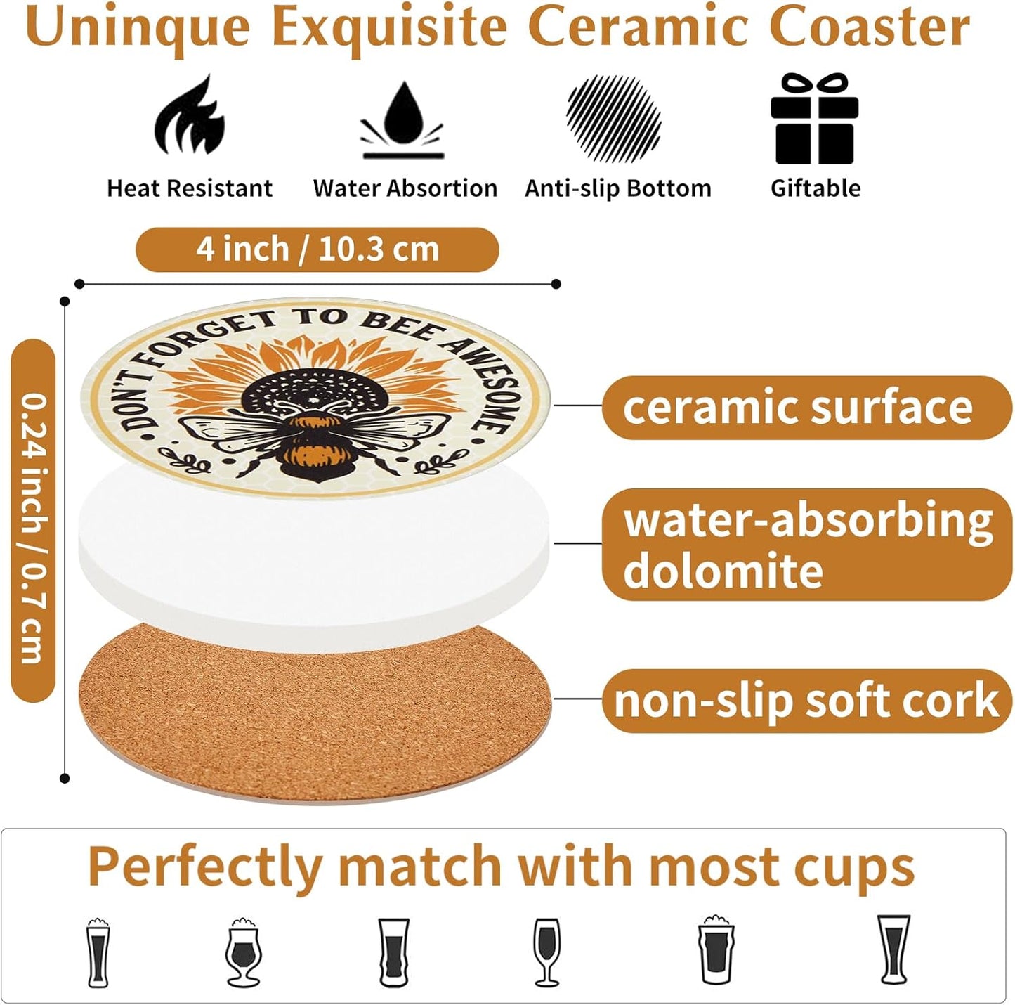 House Warming Gift Coasters Set of 6,Drink Absorbent Coasters with Holder, Coffee Table Decor Ceramic Stone Coaster for New Home,Apartment Kitchen Bar Living Room (Bee-Honeycomb)