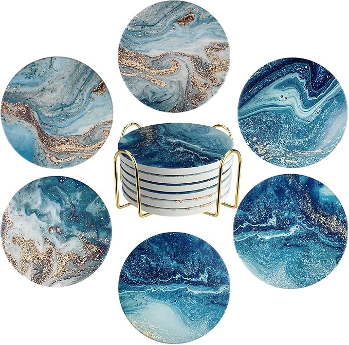 Ceramic Coasters Set of 6, Marble-Textured Design with Holder - Absorbent Cork-Backed Coasters for Cups, Bar & Coffee Table Decor Accessories (Khaki Marble, 6 Pack) - Blue Ocean-thin / 6 Pack-Thin